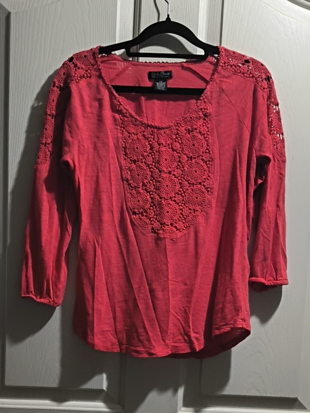 Lucky Brand Coral Crochet Yoke Long Sleeve Top